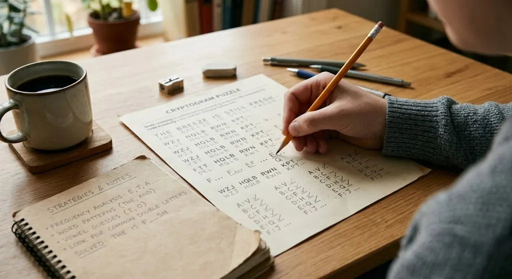 A printed puzzle grid and pencil on a desk