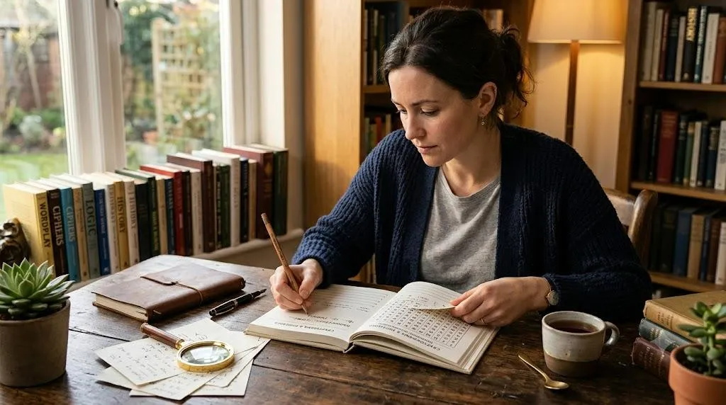 A person working through a word puzzle with pencil and paper
